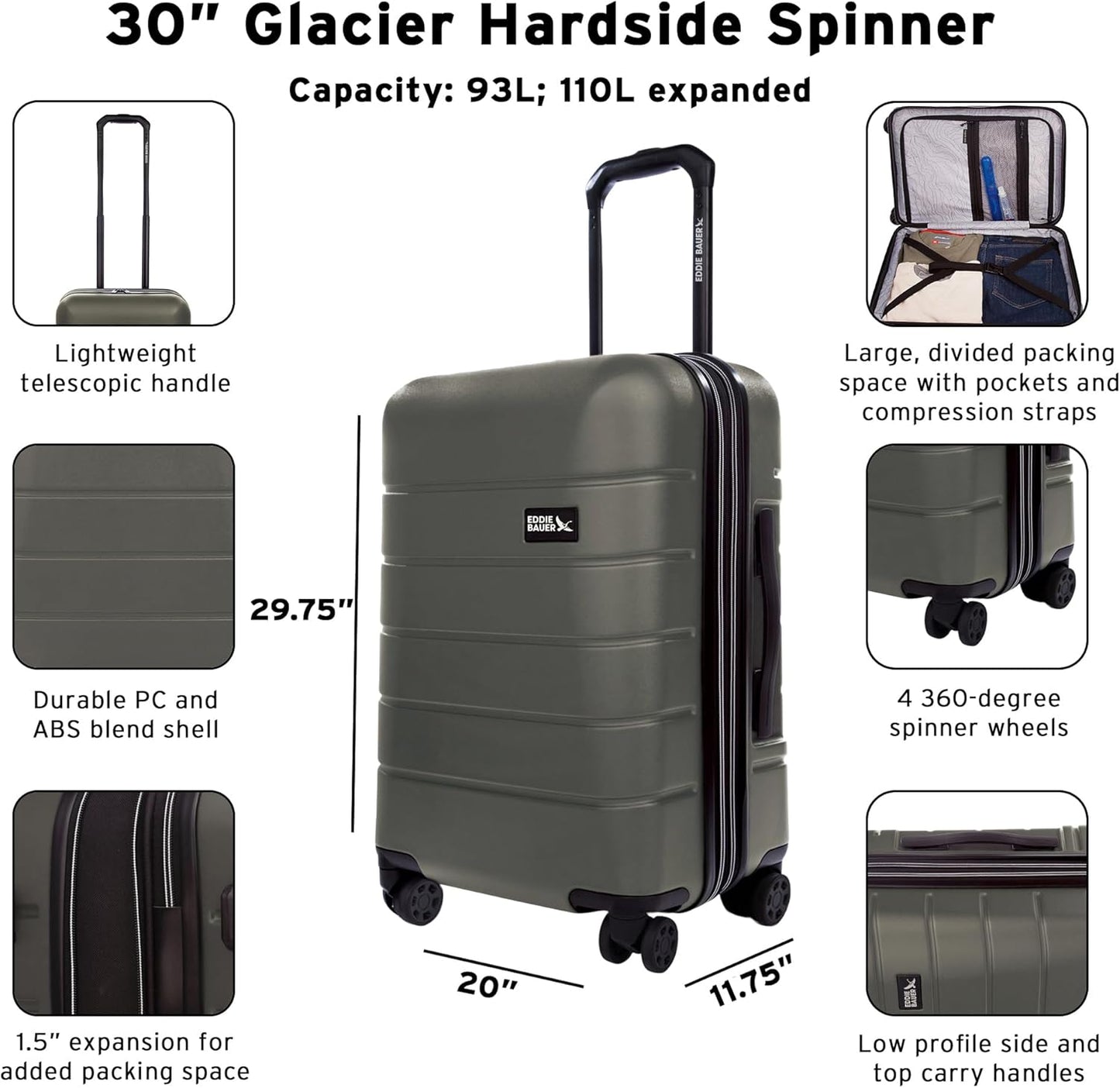 Eddie Bauer Glacier Hardside Spinner Durable PC/ABS Construction 2-Piece Set Suitcase Luggage, Sprig