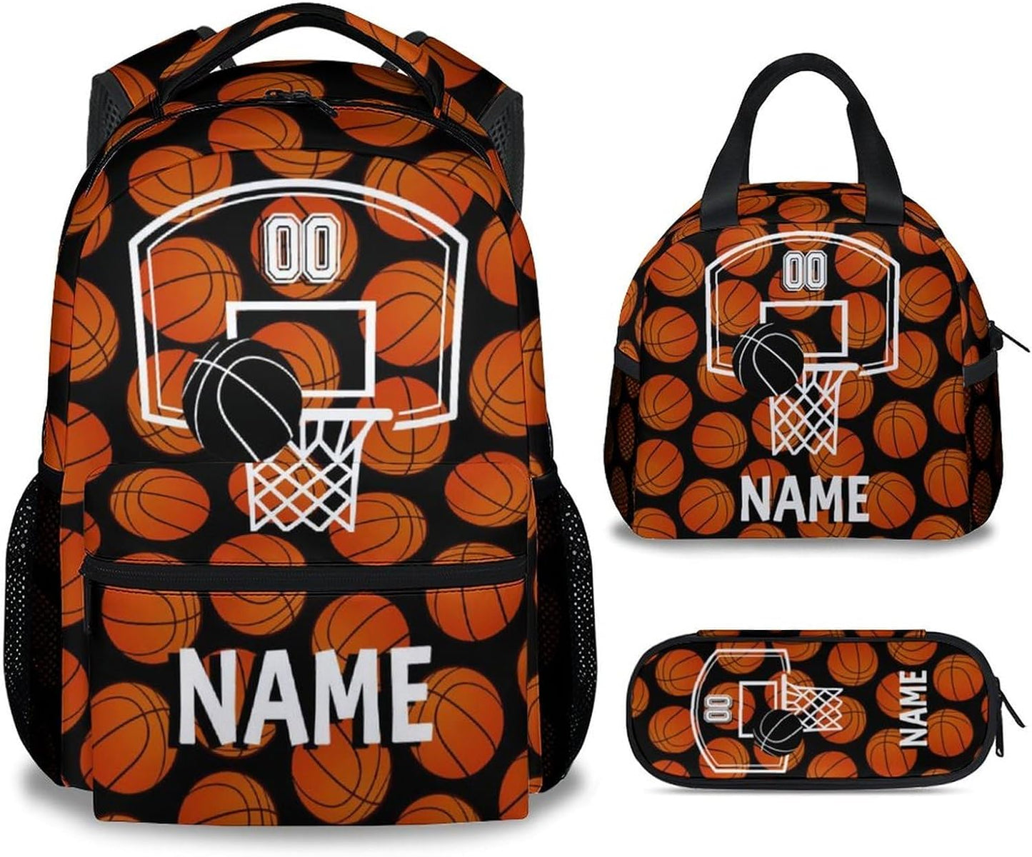 Mercuryelf Custom Basketball Backpack with Lunch Box And Pencil Case, Personalized Elementary Kindergarten School Preschool Bookbag for Boys Girls Kids, Set of 3