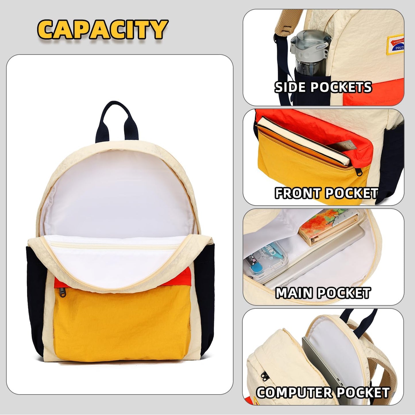 willikiva Kids Backpack for School Boys Girls Teens Toddler Backpack Waterproof Kindergarten Preschool Elementary Bookbag Children Travel Bag(Off White Yellow,Medium)