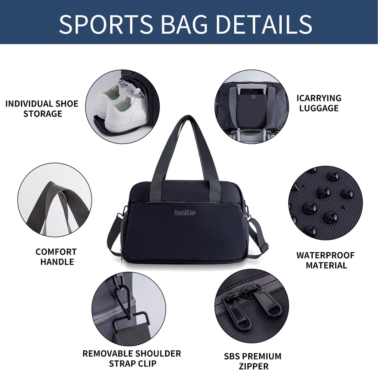 Gym Bag for Women Men with Shoe Compartment, Waterproof Small Duffle Bag for Travel, Sports, Weekend Lightweight Carry On Tote Bag (Black)