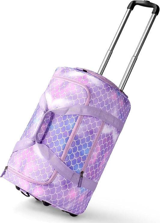 Choco Mocha Girls Mermaid Suitcase with Wheels Kids Purple Rolling Duffle Bag for Camping Teen Girls Toddler Luggage Bag for Travel, 22inch