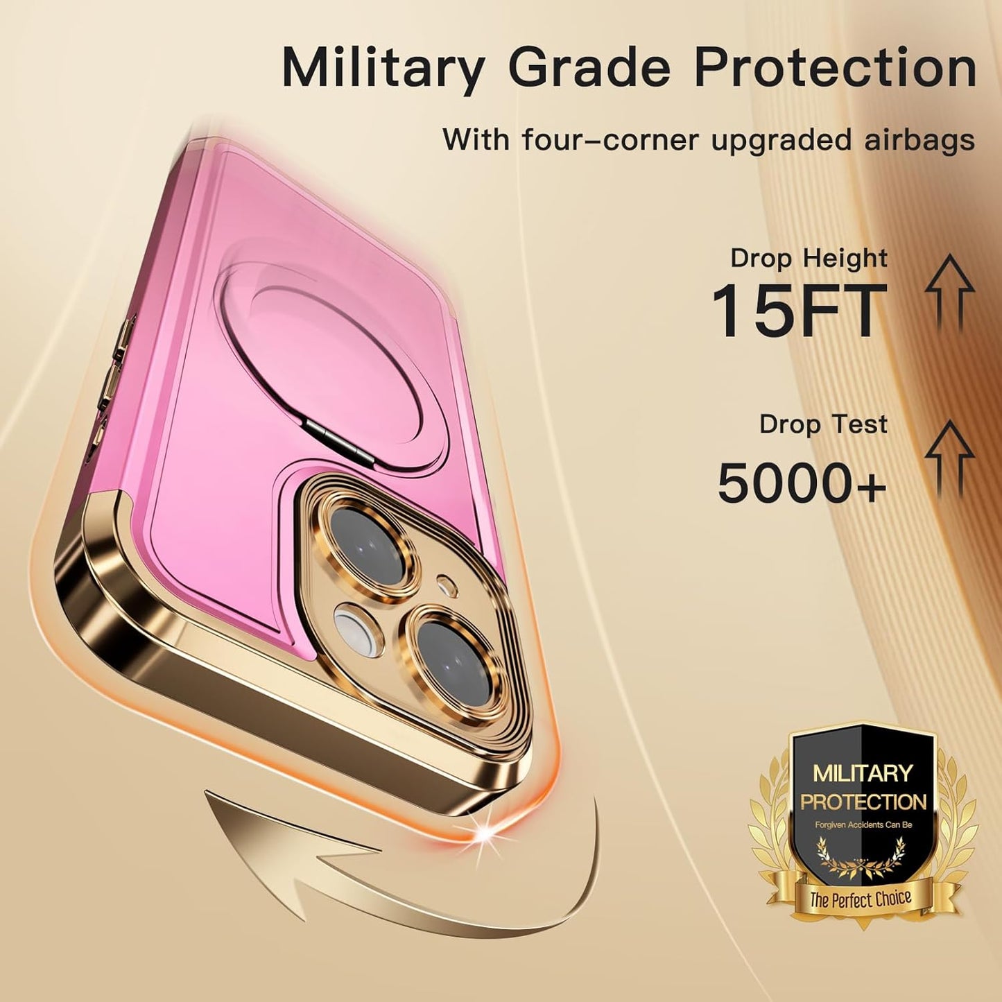 COOLQO for iPhone 13 Case 6.1'' Upgraded 360° Spin Magnetic Stand [Compatible with Magsafe][Military Protection] Plating Matte Scratch-Resistant Back Protective Shockproof Phone Case, Pink Gold
