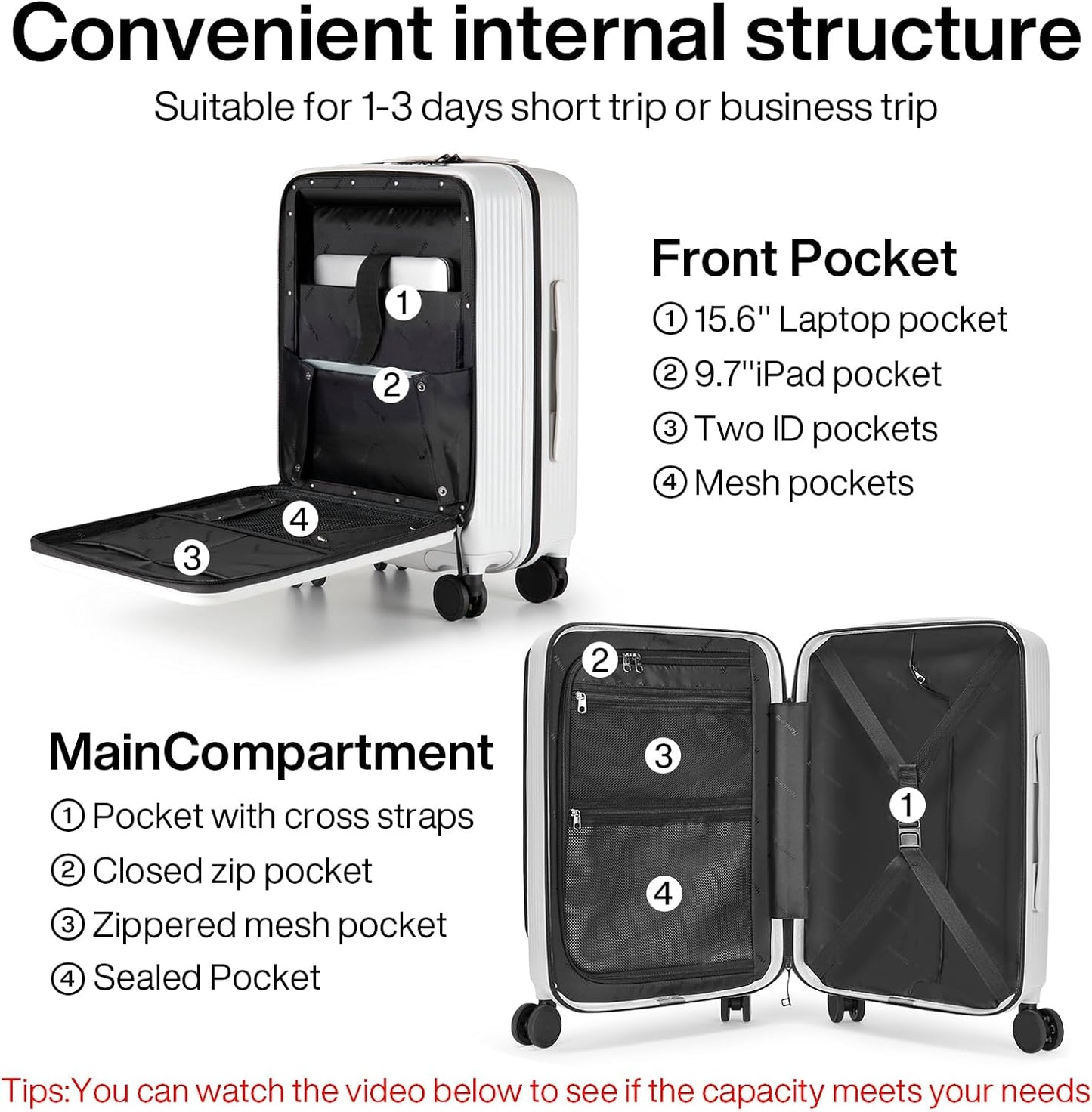 Hanke 20 Inch Carry On Luggage Airline Approved Hard Shell Suitcases with Wheels & Front Pocket Travel Luggage Lightweight Carry On Suitcase for Travel Rolling Luggage(Grayish white)