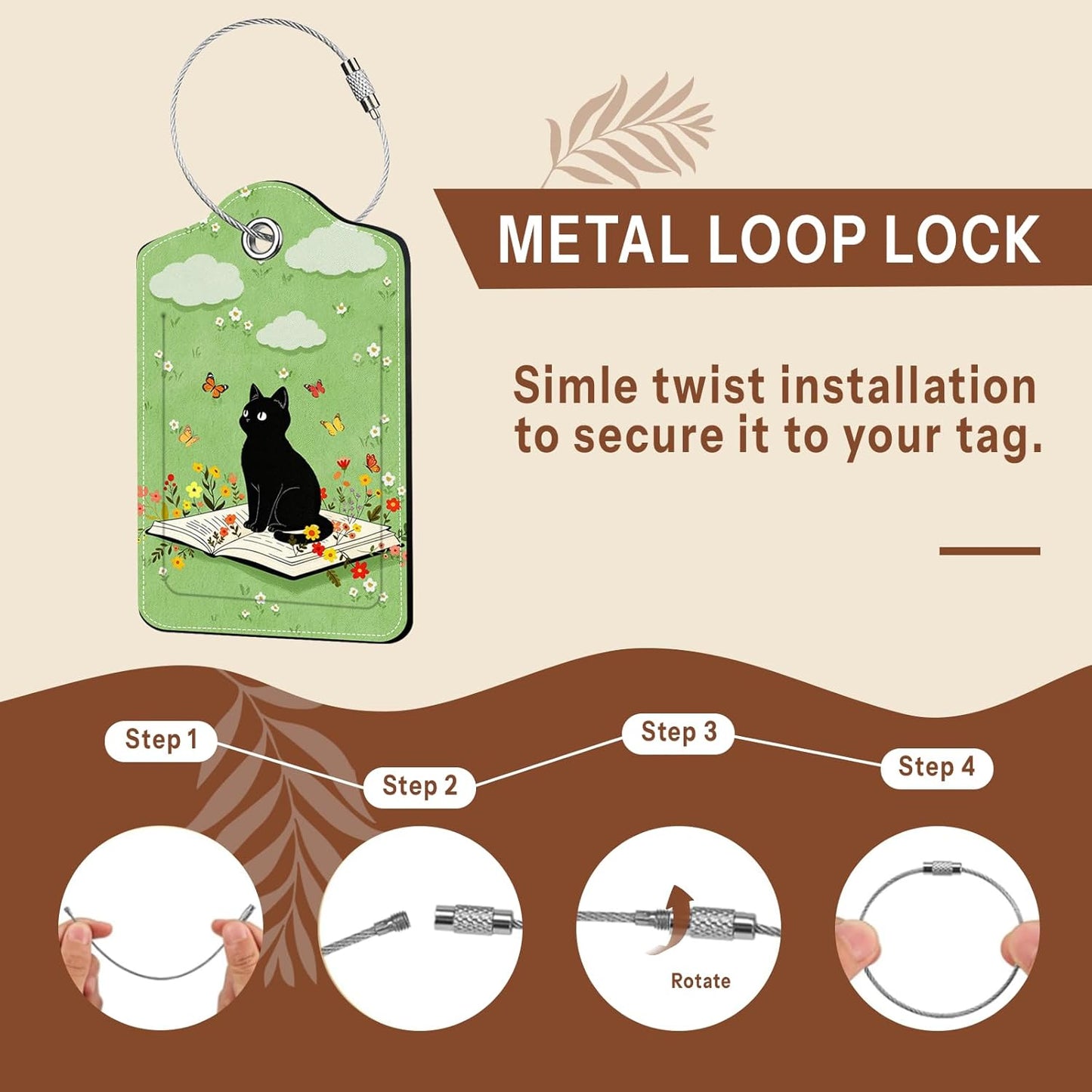 2 Pcs Cat with Book Luggage Tags for Suitcase, Leather Luggage Tags Cute, Privacy Cover ID Label with Stainless Steel Loop & Address Card, Black Cat Travel Bag Tag Luggage Accessories for Suitcases