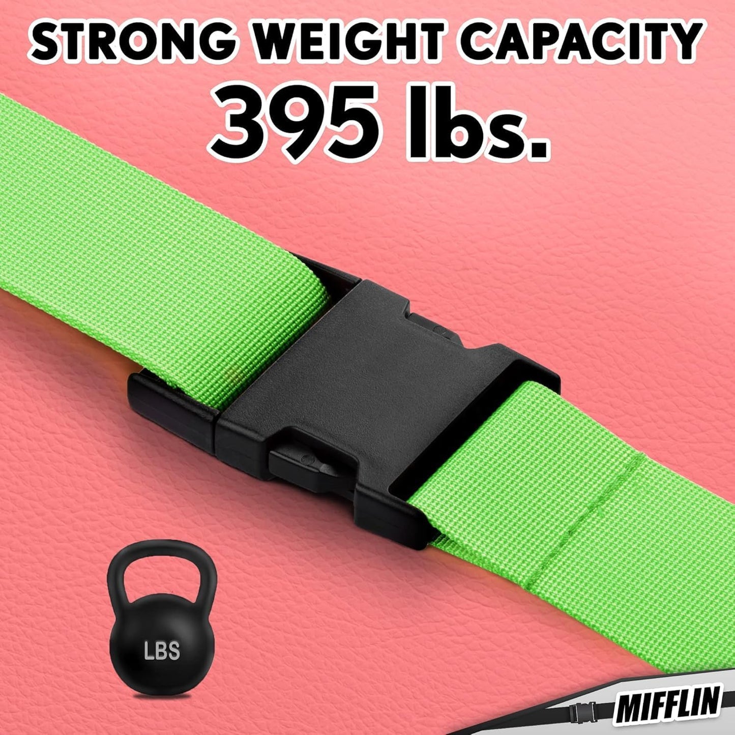 Luggage Straps - Neon Green, 78" Long, 2 Inches Wide, 4 Pack - Adjustable Nylon Belt for Travel Suitcases & Bags - by Mifflin-USA