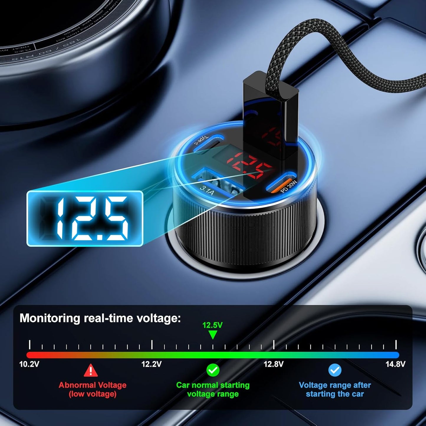 Car Charger for iPhone 17 16 15 Pro Max, Besgoods 4-Port Cigarette Lighter Adapter USB C & USB A Car Phone Charger Fast Charging Voltmeter for Galaxy S24 S23 A15 A54 Android, 6ft USB C to C Cable