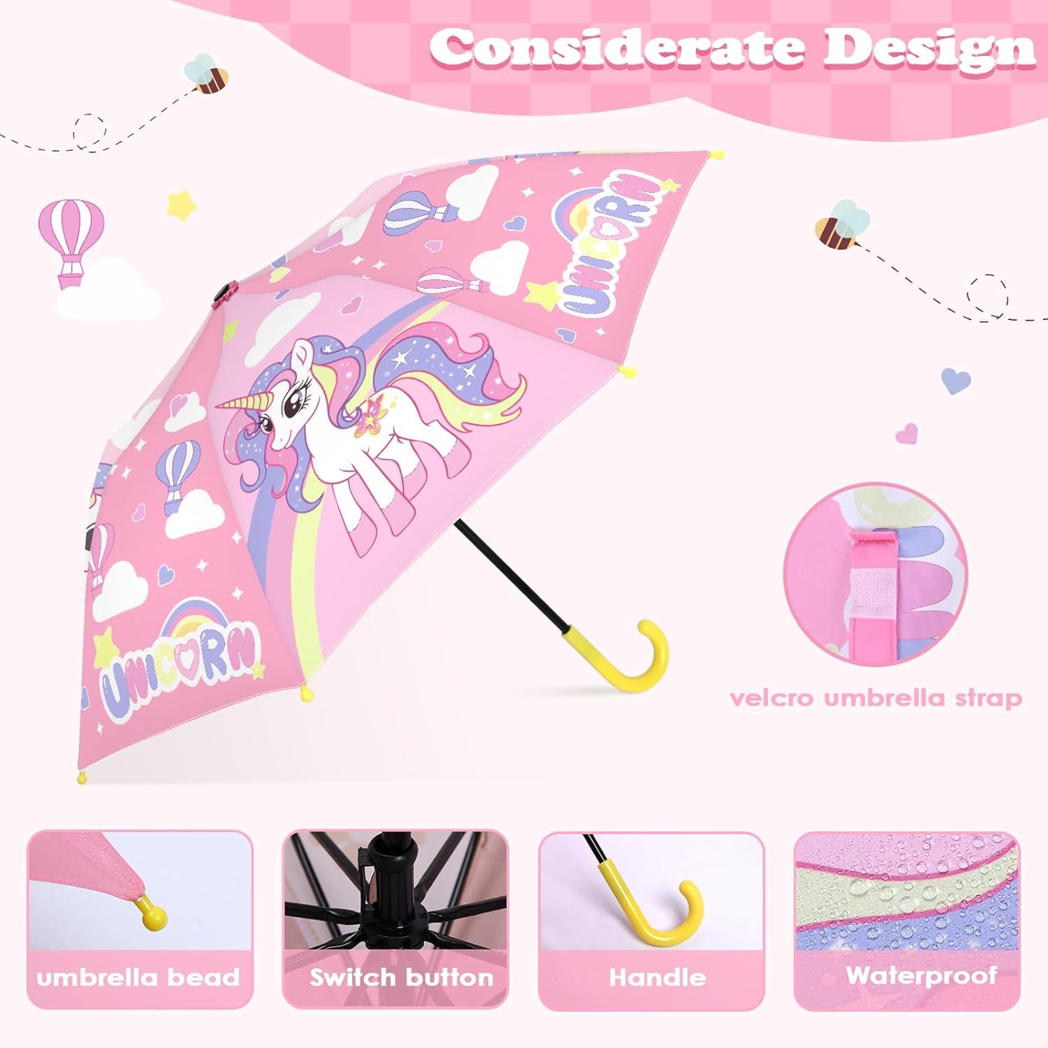 Kids Umbrella, Safety Windproof Umbrella with Easy-Grip Hook Handle for Toddler Girls and Boys