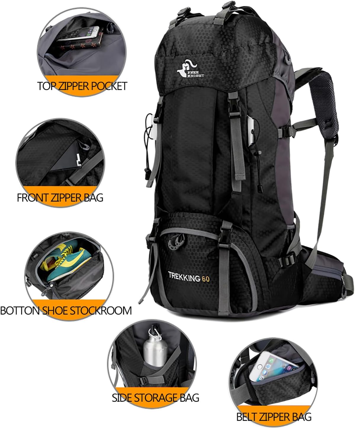 Bseash 60L Waterproof Hiking Camping Backpack with Rain Cover, Large Outdoor Sport Travel Daypack