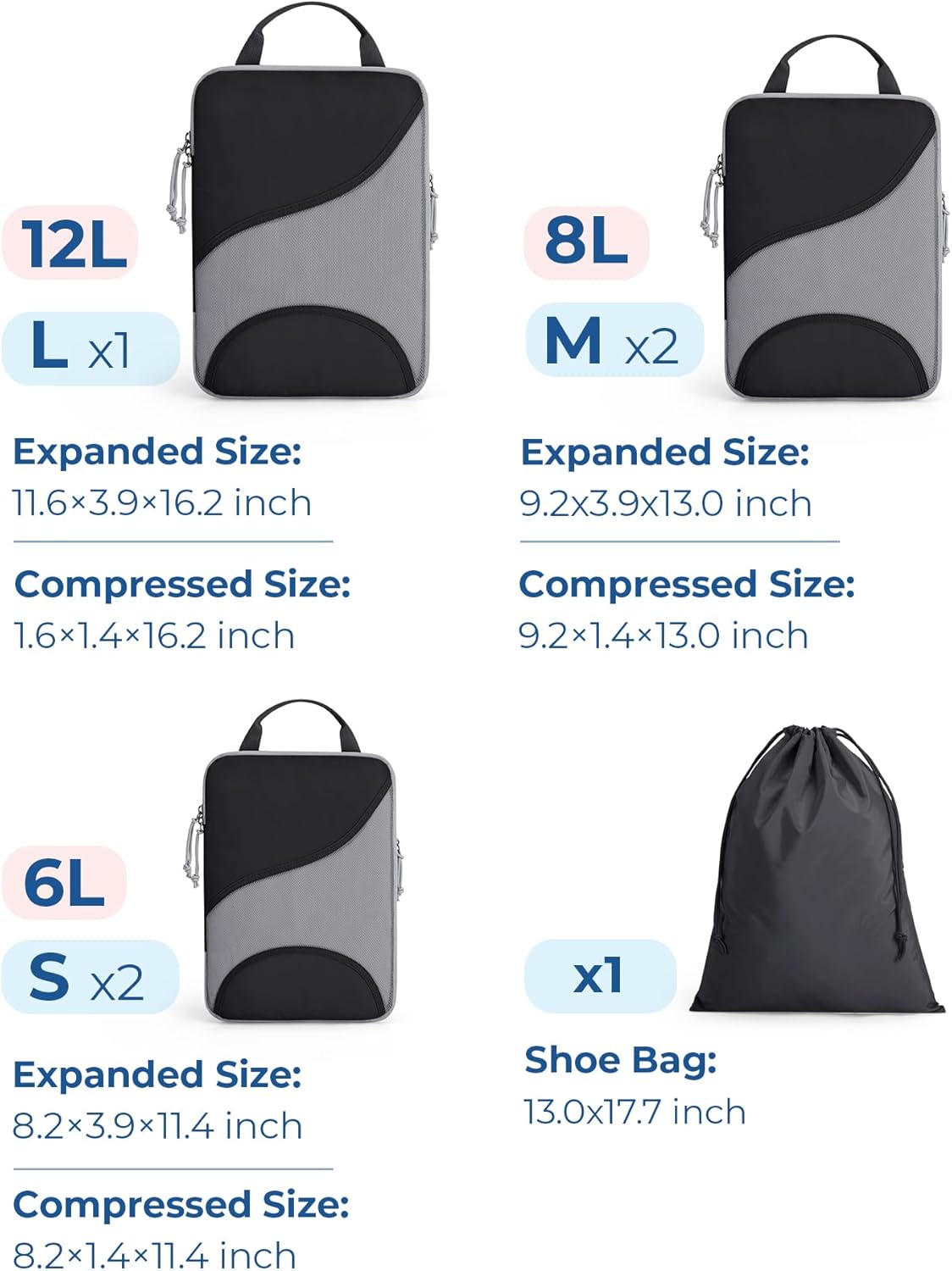 BAGSMART Compression Packing Cubes - 6 Set Travel Packing Cubes for Suitcases, Compression Suitcase