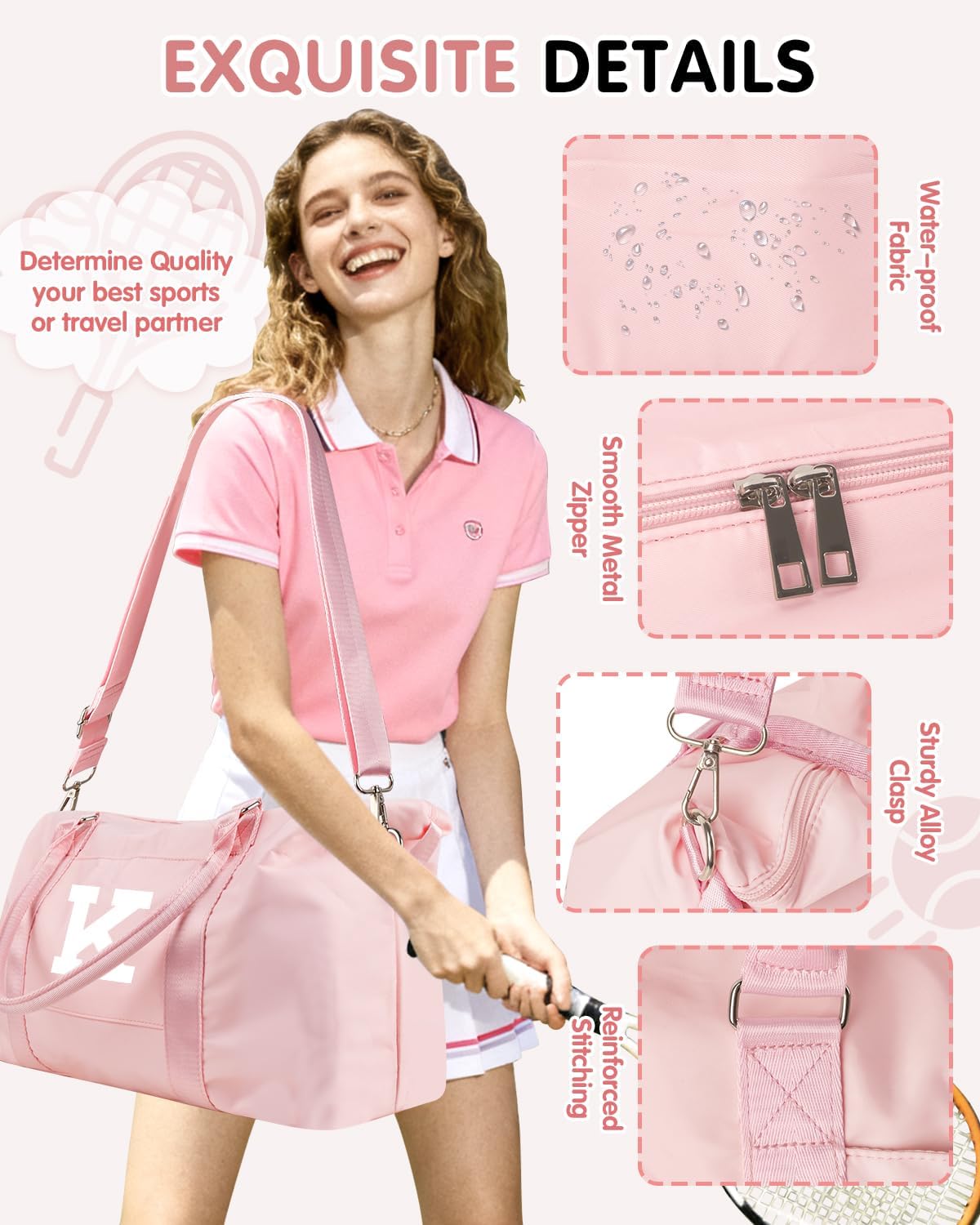 Initial Travel Duffel Bag Sports Gym Bag for Girls Teen Birthday Gifts,Pink Personalized Weekender