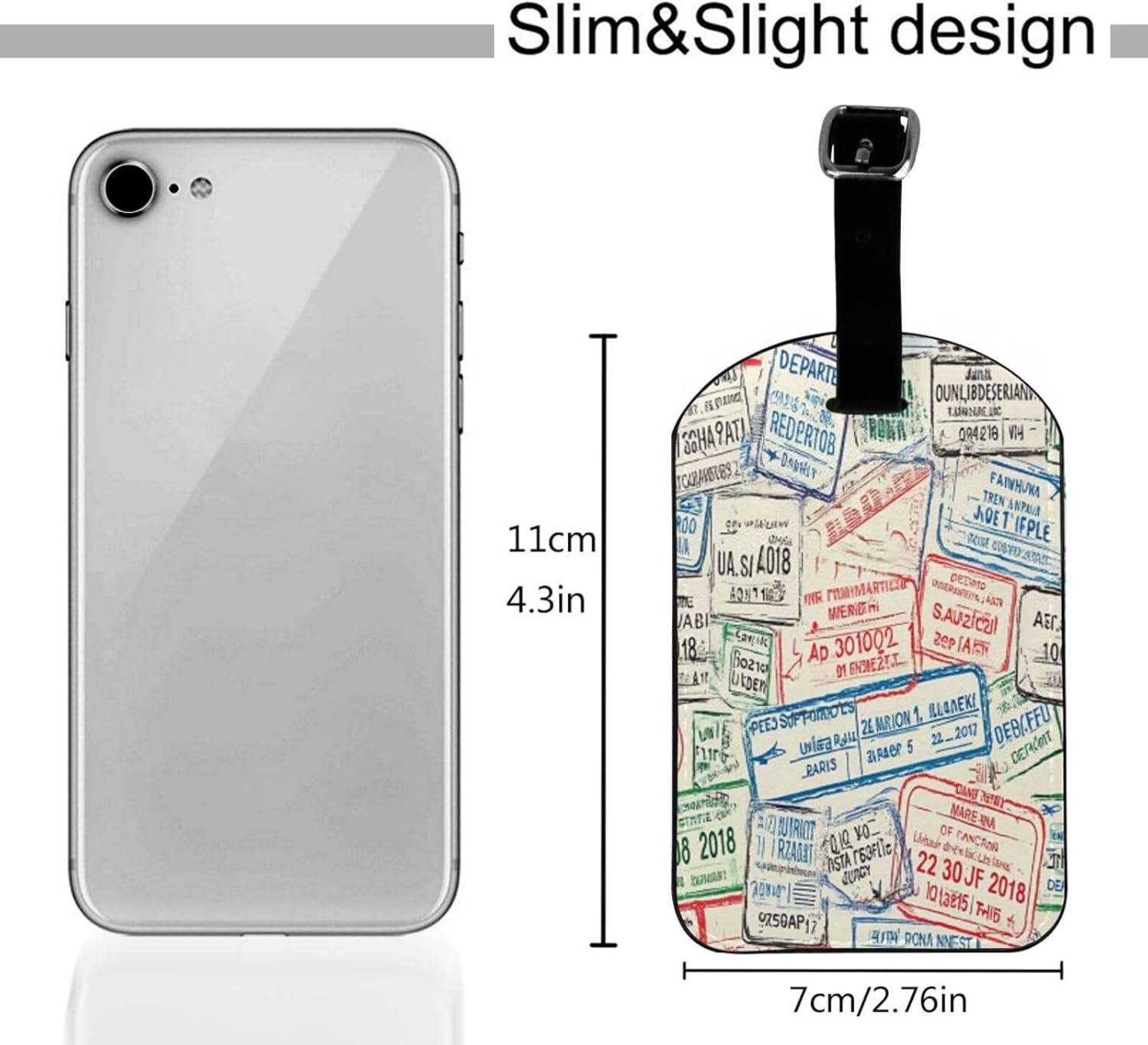 Grunge Passport Luggage Tag for Suitcases,Airport Stamps Colorful Red Green Gray Blue PU Leather