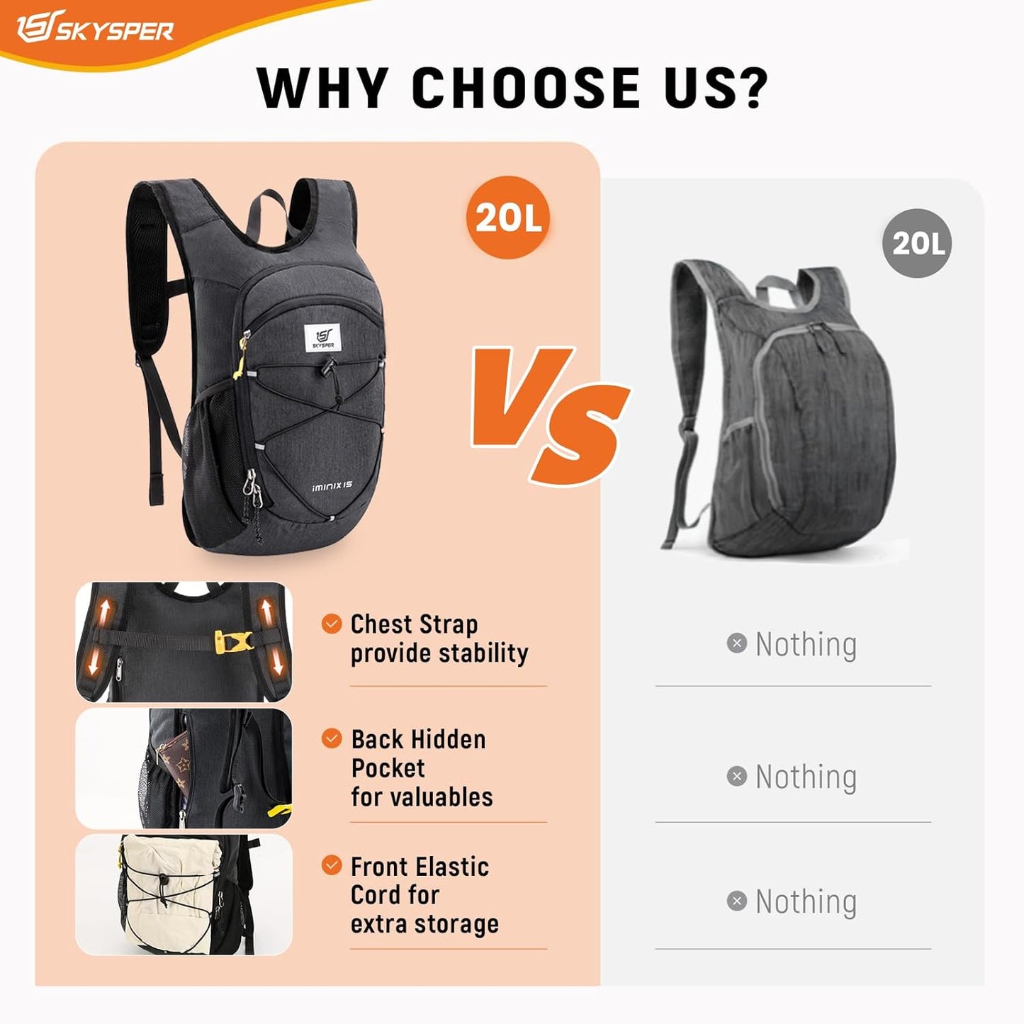 SKYSPER 15L/20L Foldable Hiking Backpack Lightweight Packable Travel Daypack with Chest Strap Small