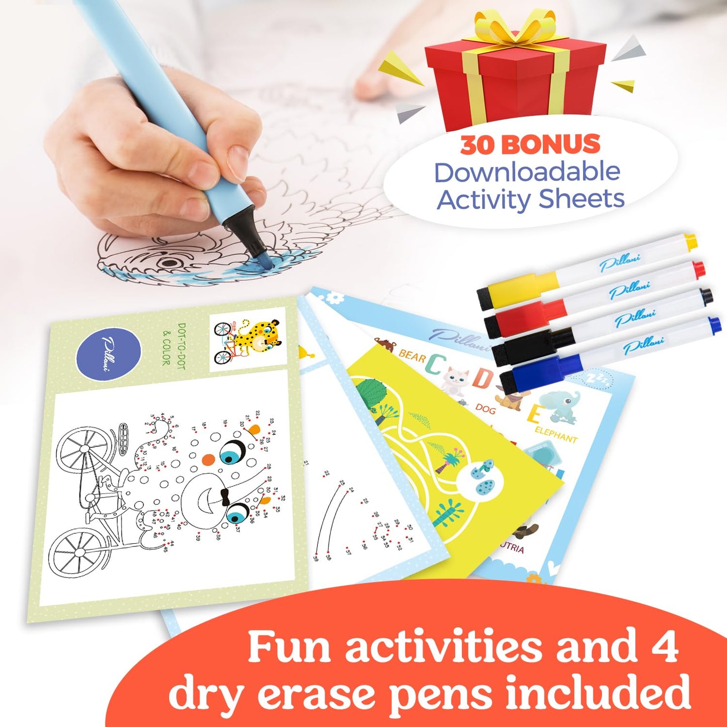 PILLANI Kids Travel Tray for Car - Car Seat Tray with Activity Sheets & Pens, Road Trip Essentials