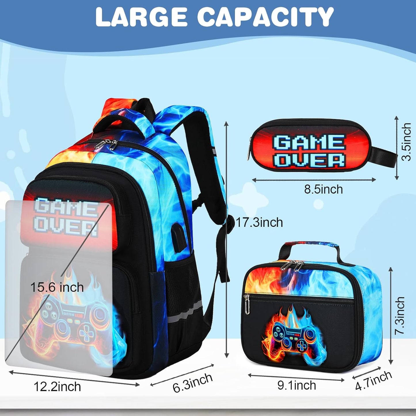 Bevalsa Backpack for Boys, School Bags for Kids, Bookbag for Boys Girls Children Teens Backpacks for Elementary Middle High school Student, Bookbag and Lunch Bag Set with USB Charging Port (Flame)