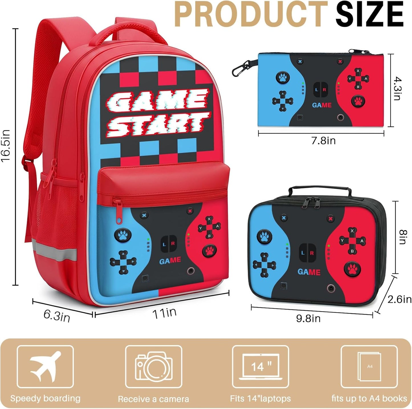 Video Game Style Backpack for Boys - 3 Piece School Set Includes Large 16.5 Inch Bookbag, Lunch