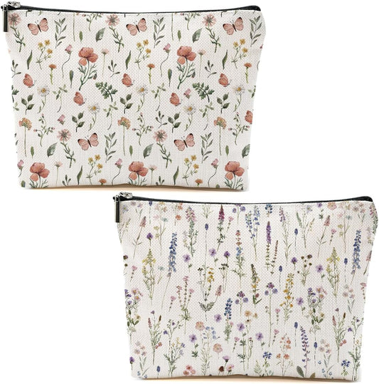 2pcs Floral Makeup Bags for Women, Cute Flower Aesthetic Travel Toiletry Bag, Coquette Cosmetic Bag, Portable Zipper Pouch Cosmetics Pouch Gifts for Women Girls