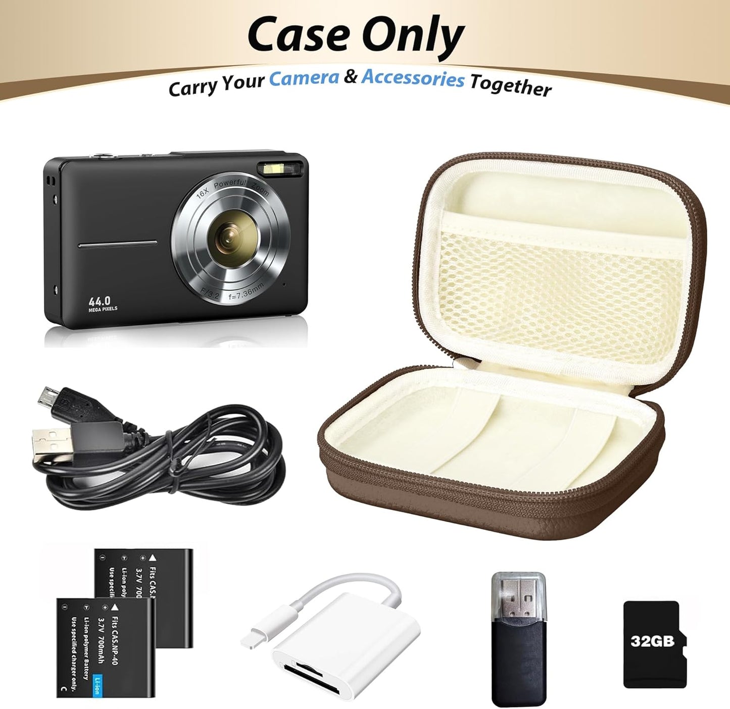 Digital Camera Case for CAMKORY, KODAK PIXPRO FZ45/FZ55, Canon IXUS 285 HS, Lecran, Small Travel Compact Camera Holder with Mesh Pocket for Accessories SD Card (Brown)