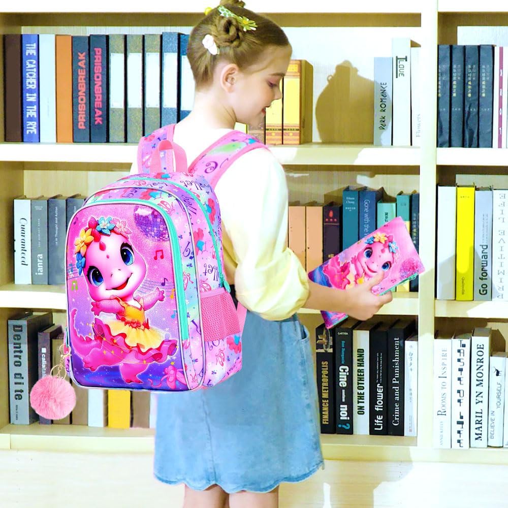 CCJPX 3PCS Dinosaur Backpack for Girls, 16 Inch Kids Ballet Preschool School Backpacks with Lunch Box, Cute Ballet Water Resistant Bookbag with Elementary Toddler Travel