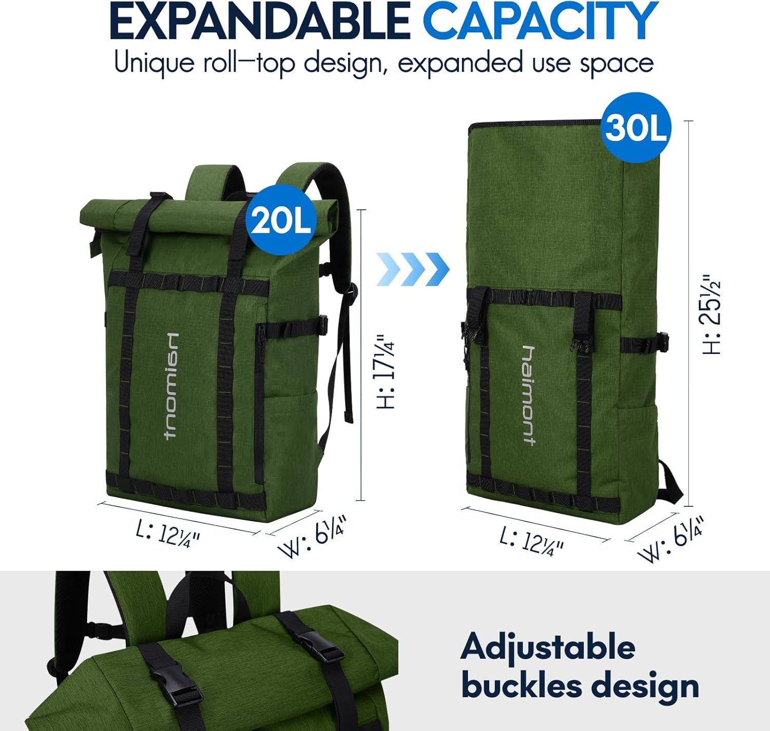 Haimont Rolltop Backpack Commuter Carry on Backpack for Women Men Water-Resistant Daypack with