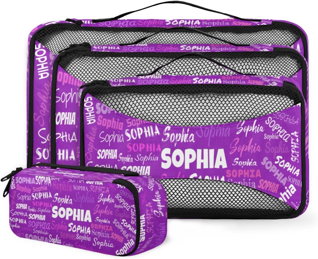 Personalized Compression Packing Cubes with Name, Dark Violet Purple 4 Set Mesh Travel Organizer