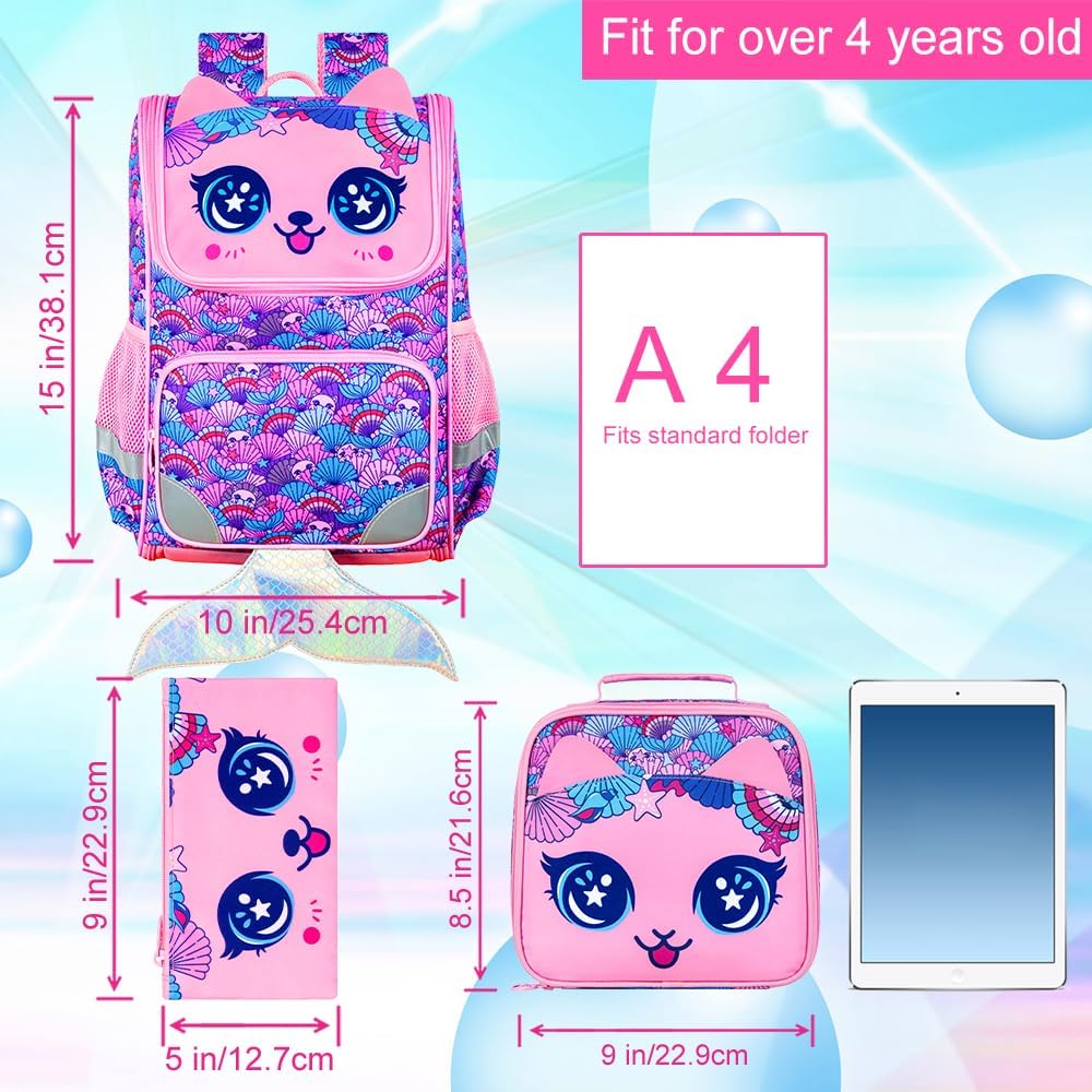 KLFVB 3PCS Backpack for Girls and Boys, 15" Unicorn Dinosaur Bookbag with Lunch Box, Kids Preschool School bag