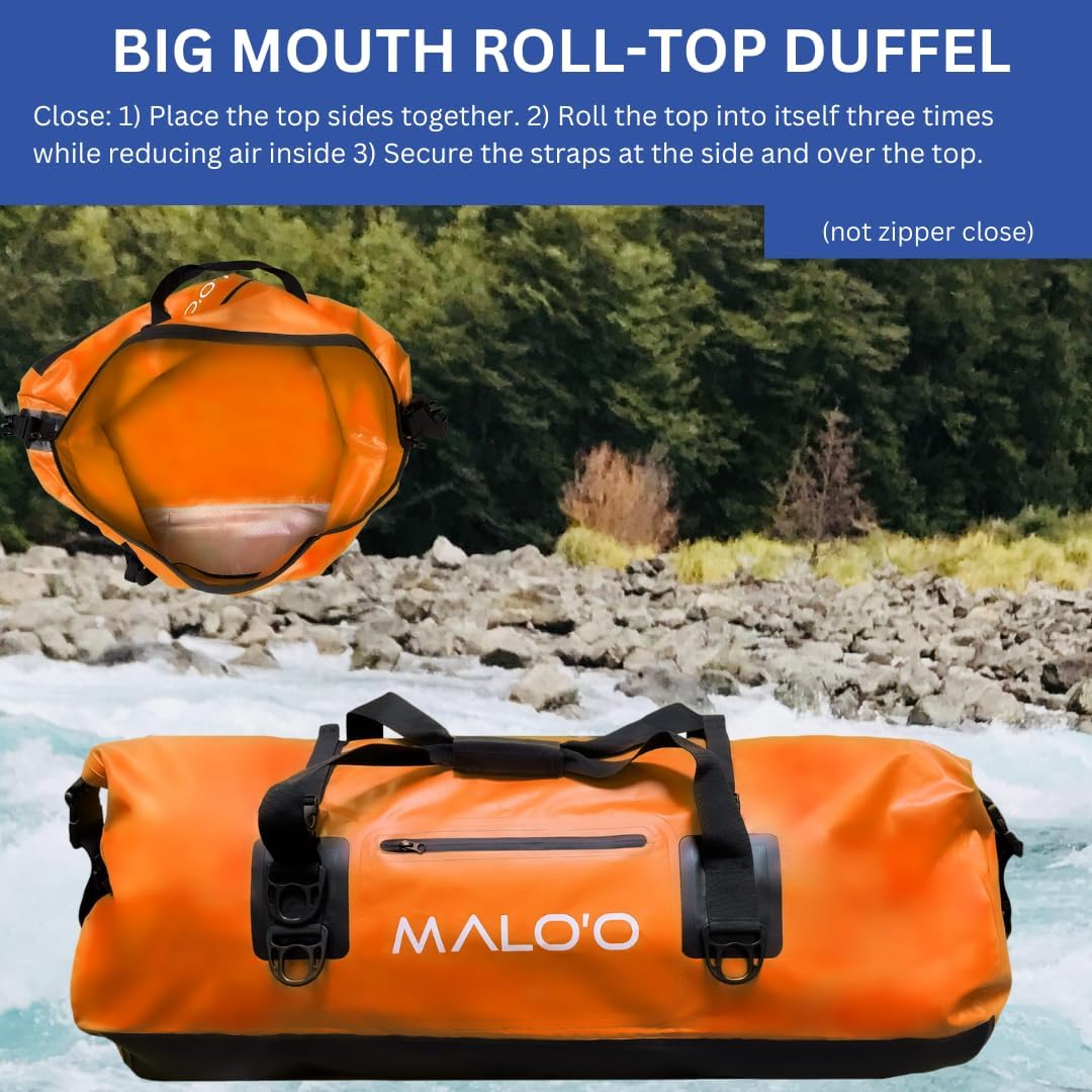 Malo’o Waterproof Dry Duffel, Heavy-Duty Roll Top Waterproof Gear Bag with Shoulder Strap & Molle Loops, Marine Duffel for Kayaking, Boating, Camping, Beach & Travel, Orange, 100L