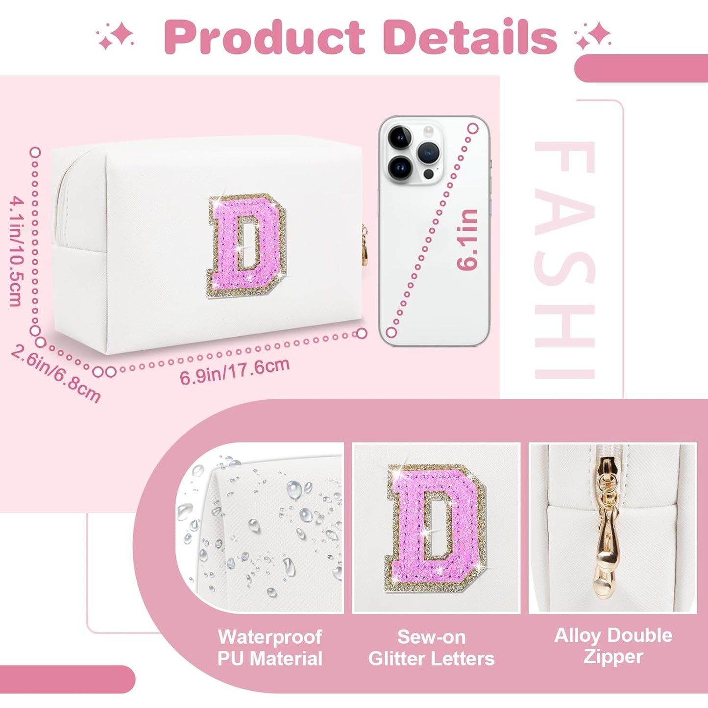 Small Initial Patch Makeup Bag Personalized Gifts Make Up Bag,White Cute PU Leather Glitter Letter Cosmetic Bag with Zipper,Trendy Portable Travel Toiletry Pouch,Preppy Stuff for Teen Girls Women D