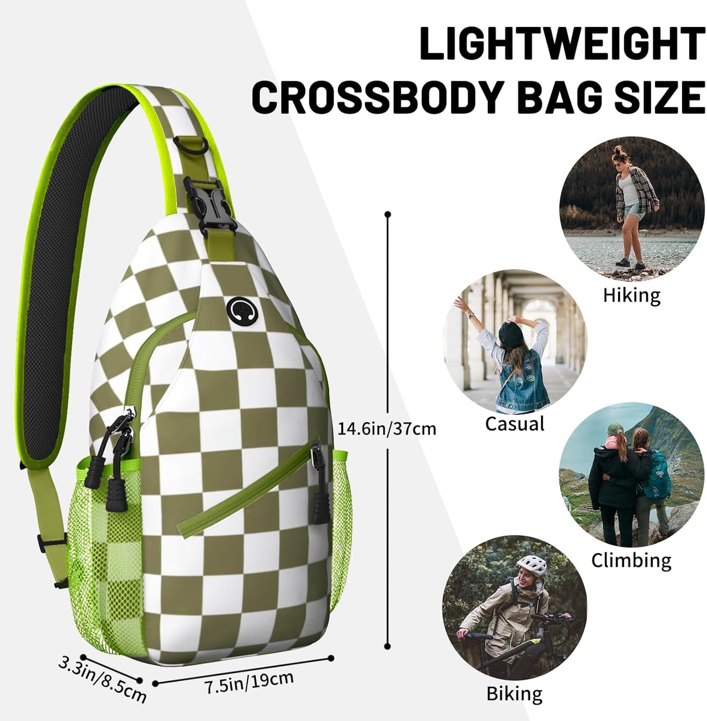 Green White Checkered Sling Bag Crossbody Chest Bag for Women Men, Water Resistant Lightweight Casual Crossbody Bag with Adjustable Strap, Travel Hiking Daypack Shoulder Backpack