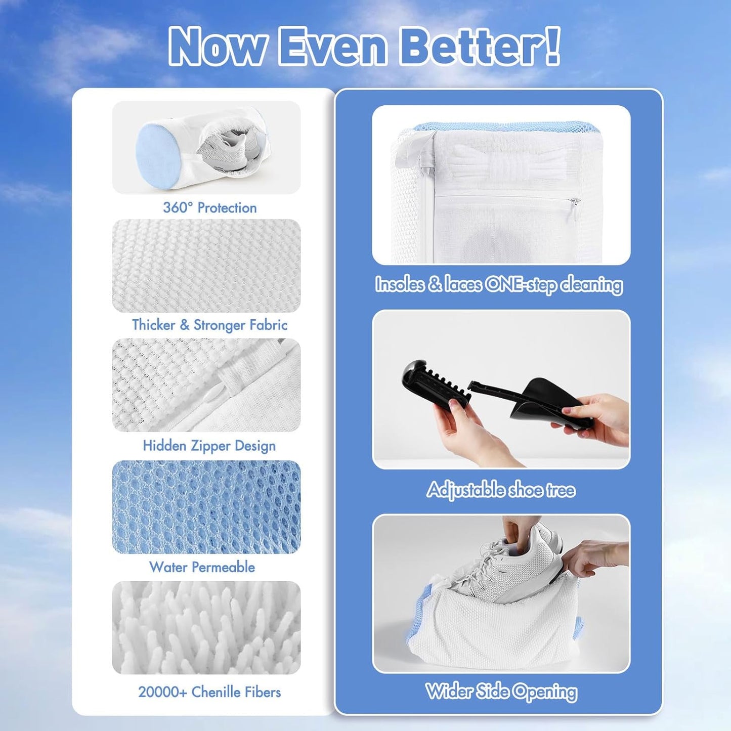 Shoe Washing Machine Bag w/Shoe Trees to Prevent Deformation - Sneaker Cleaner Bag Reusable Lint-free Large Laundry Shoe Bag, Tennis Shoes Wash Kit Home Travel Essentials, White 2pcs