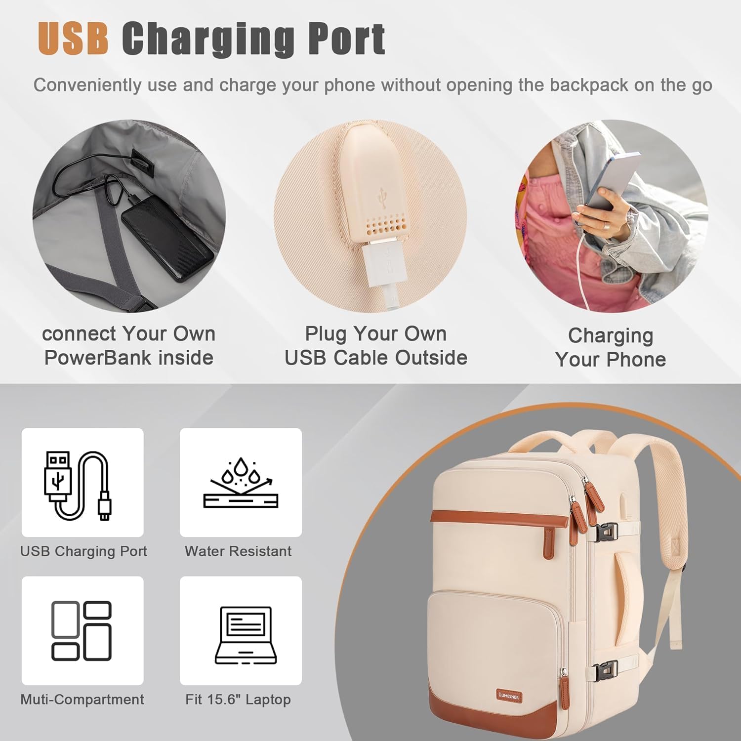 50L Travel Backpack with USB Charging Port, Water-Resistant Carry On Backpack for Men Women
