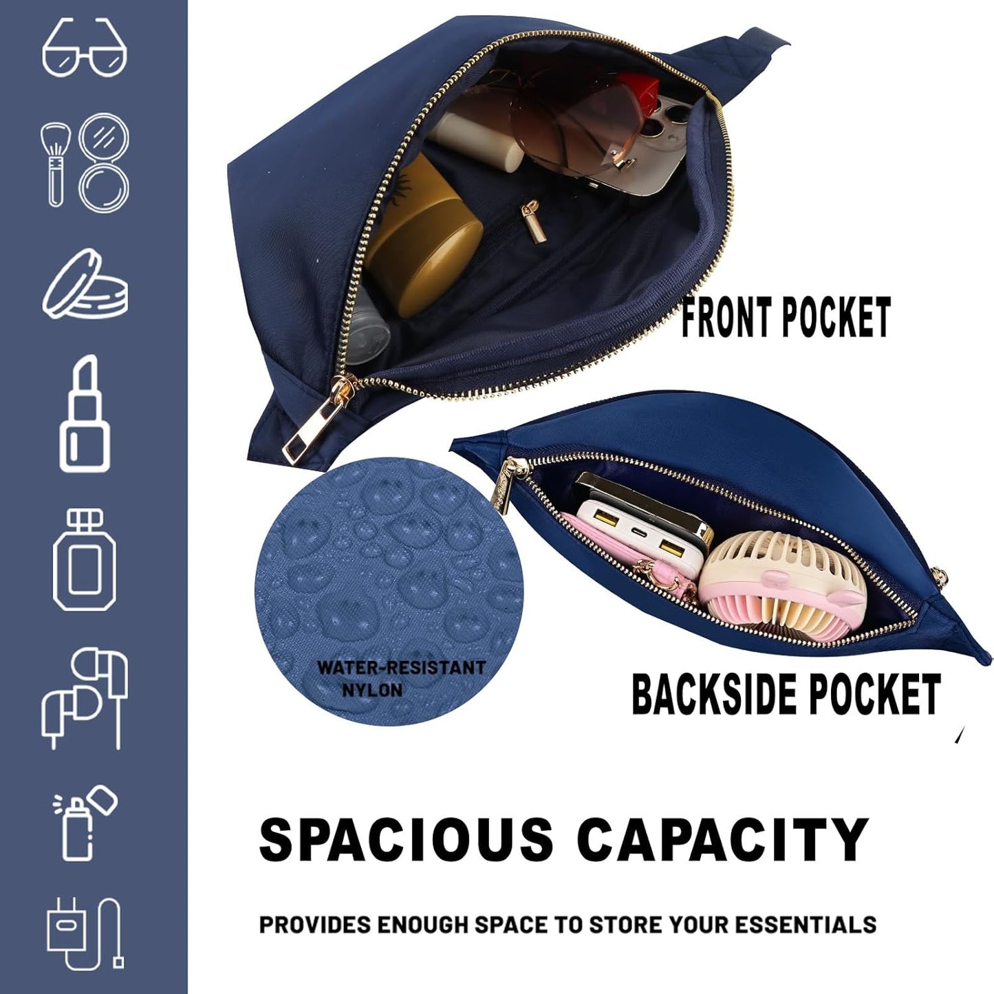 Fanny Packs for Women Fashion Waist Pack for Men Water-resistant Nylon Crossbody Sling Bags for Women Travel (Navy Blue)