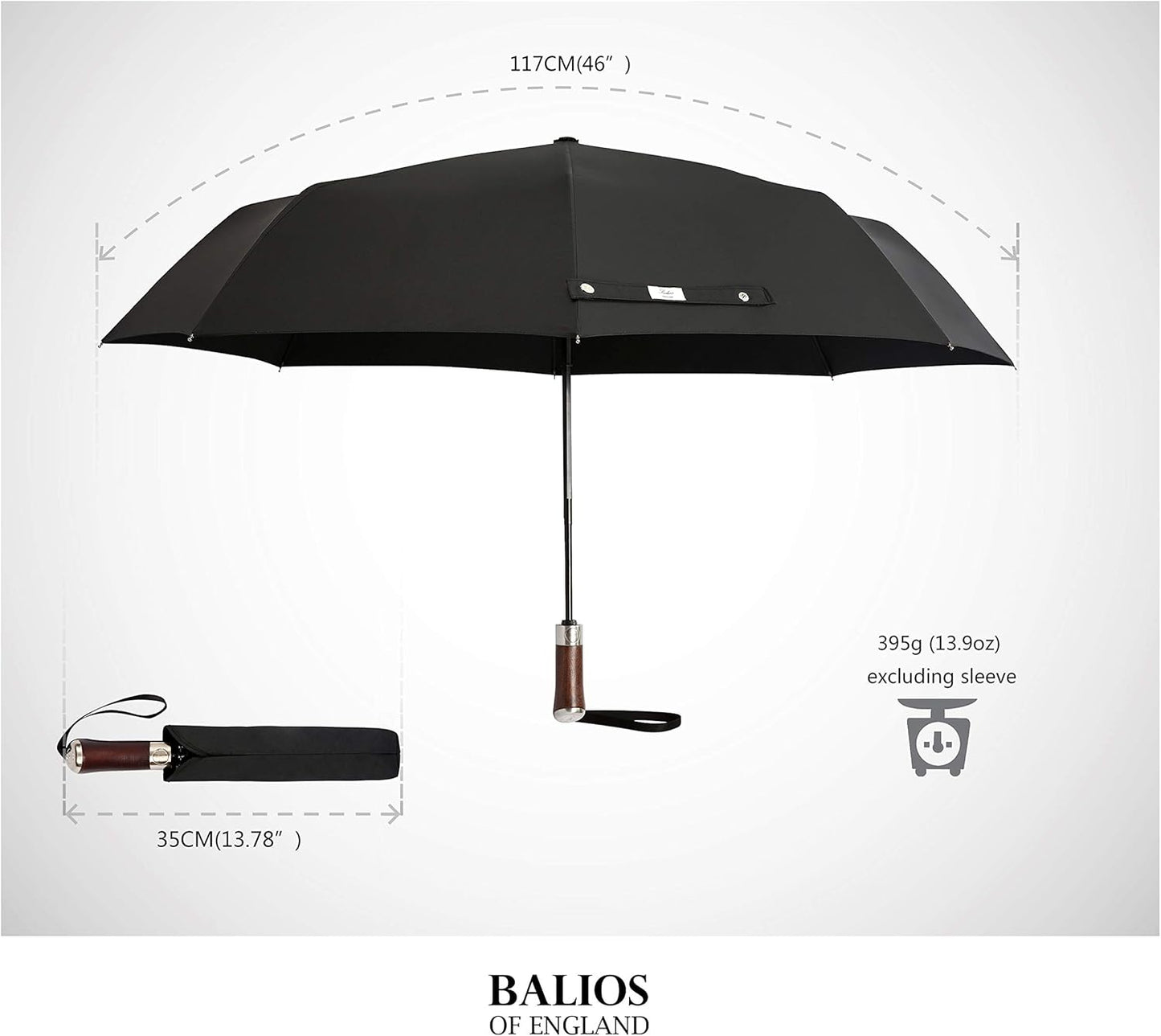 Balios (Designed in UK) Travel Umbrella Luxurious Golden Hardwood Handle Auto Open & Close