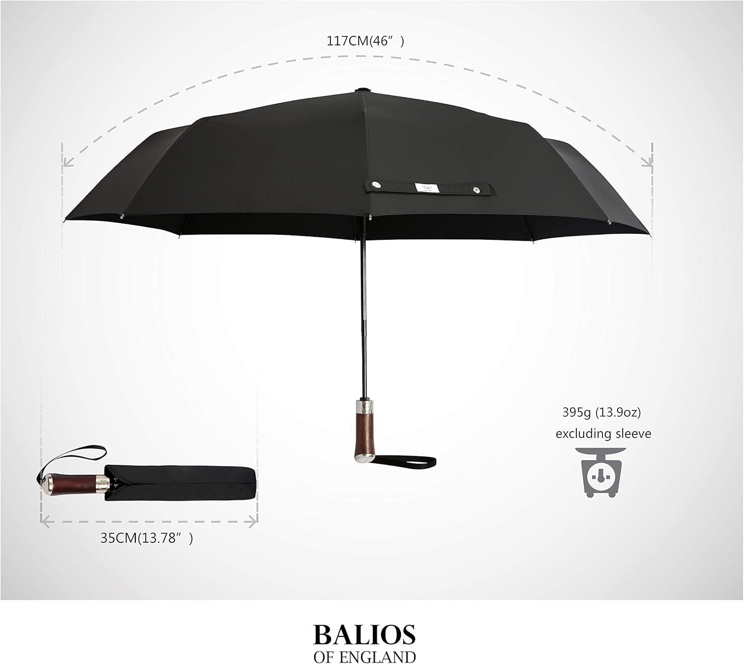 Balios (Designed in UK) Travel Umbrella Luxurious Golden Hardwood Handle Auto Open & Close