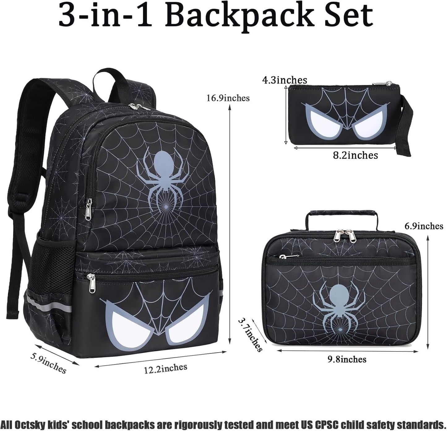 Octsky Kids Backpack for School Boys Backpack with Lunch Box Elementary Bookbag, Spider Black 3pcs