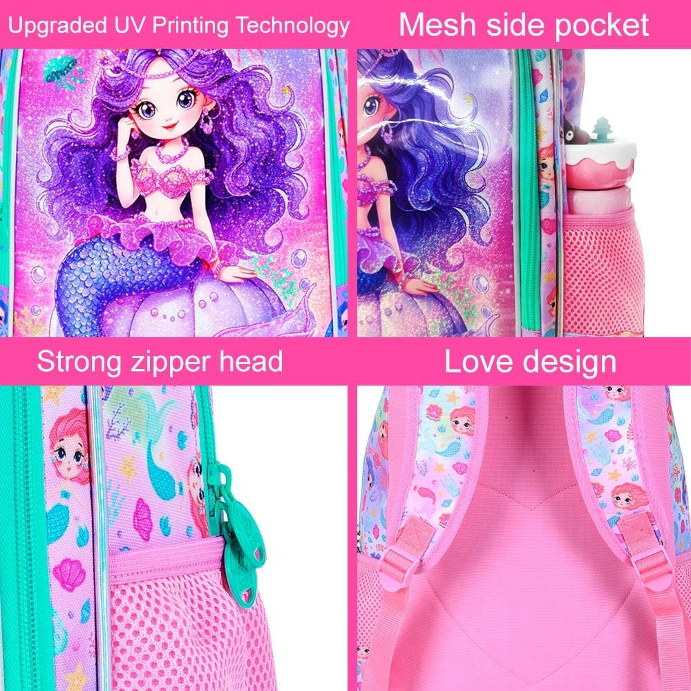 3PCS Mermaid Backpack for Girls, Water Resistant Kids Bookbag Set with Lunch Box，Cute Elementary School Bag for Preschool Toddler