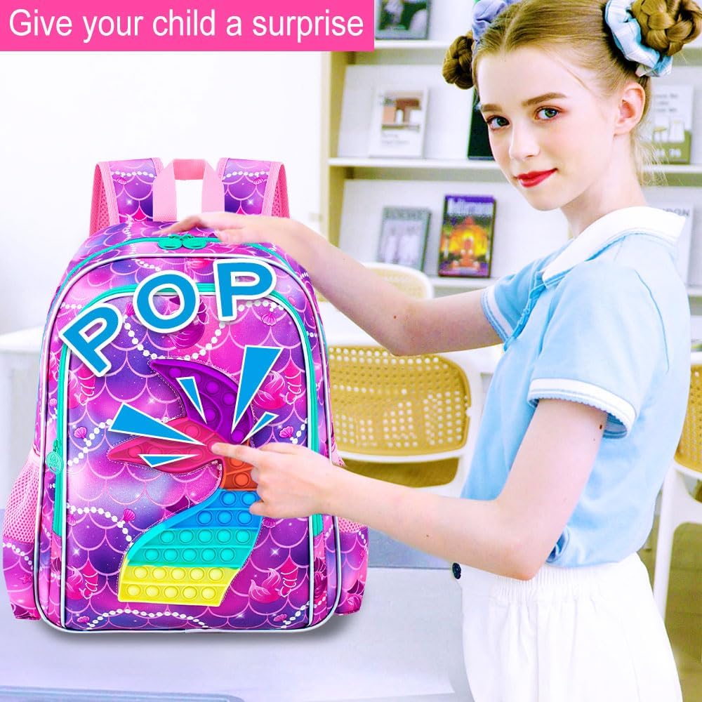 AGSDON 3PCS Mermaid Backpack for Girls, 16" Kids Backpacks Water Resistant with Lunch Box, Bookbag for Elementary Preschool