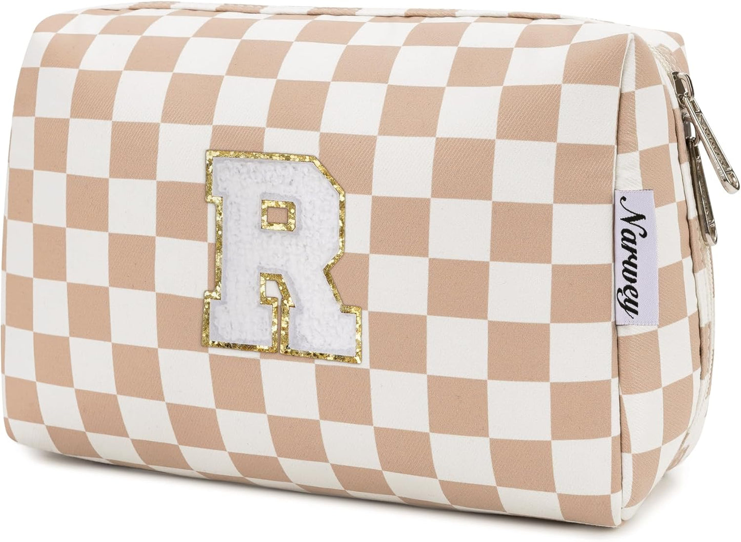 Narwey Birthday Gifts for Women Teen Girls Kids Personalized Initial Checkered Makeup Bag Cute Cosmetic Bag Trendy Stuff 6 8 10 11 12 13 14 16 18 Years Old Travel Toiletry Bag (Brown Letter R)