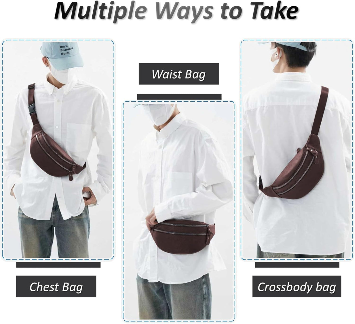 Genuine Leather Waist Bag, Outdoor Travel Waist Pack, Cowhide Leather Fanny Pack with Adjustable