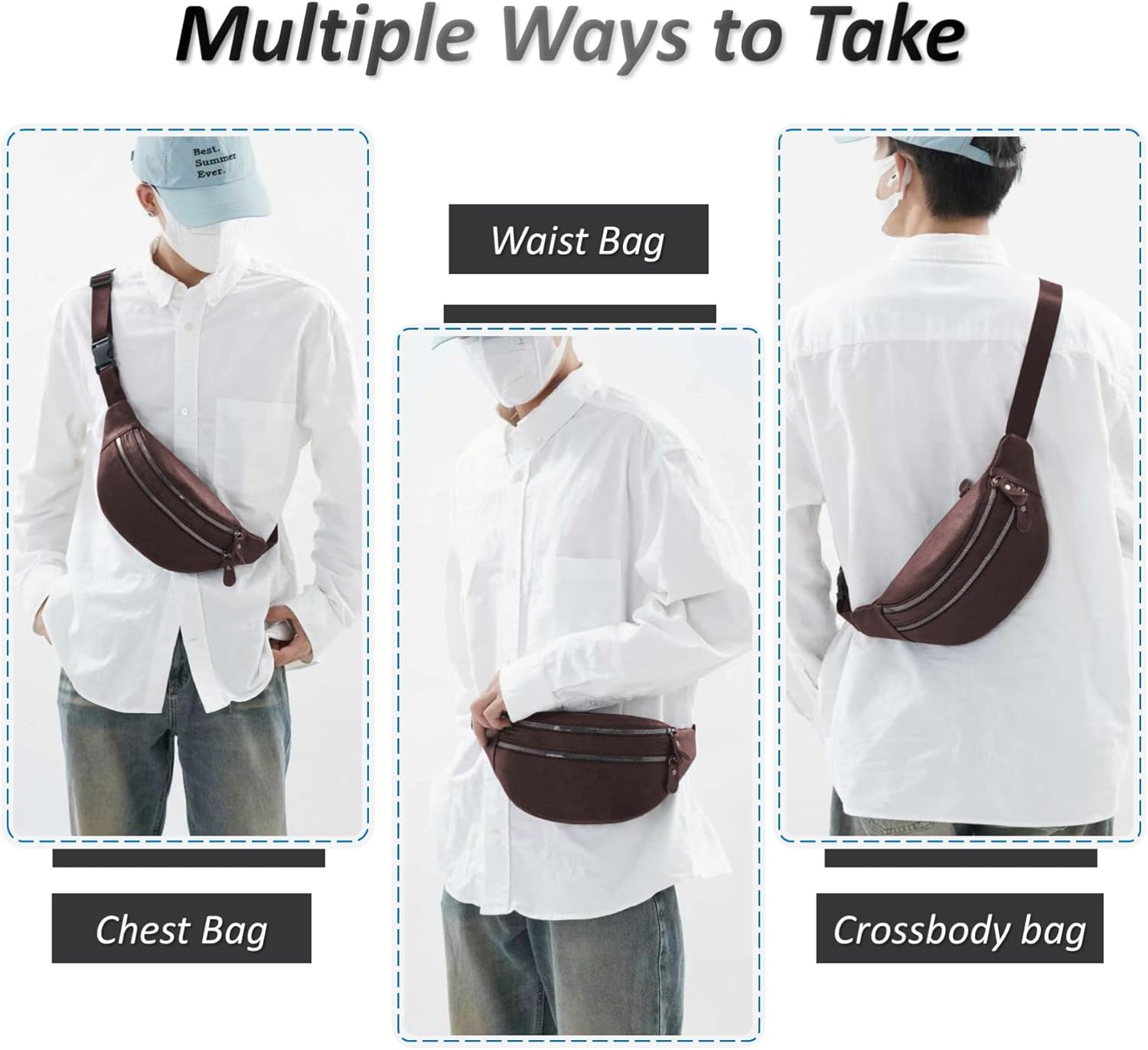 Genuine Leather Waist Bag, Outdoor Travel Waist Pack, Cowhide Leather Fanny Pack with Adjustable