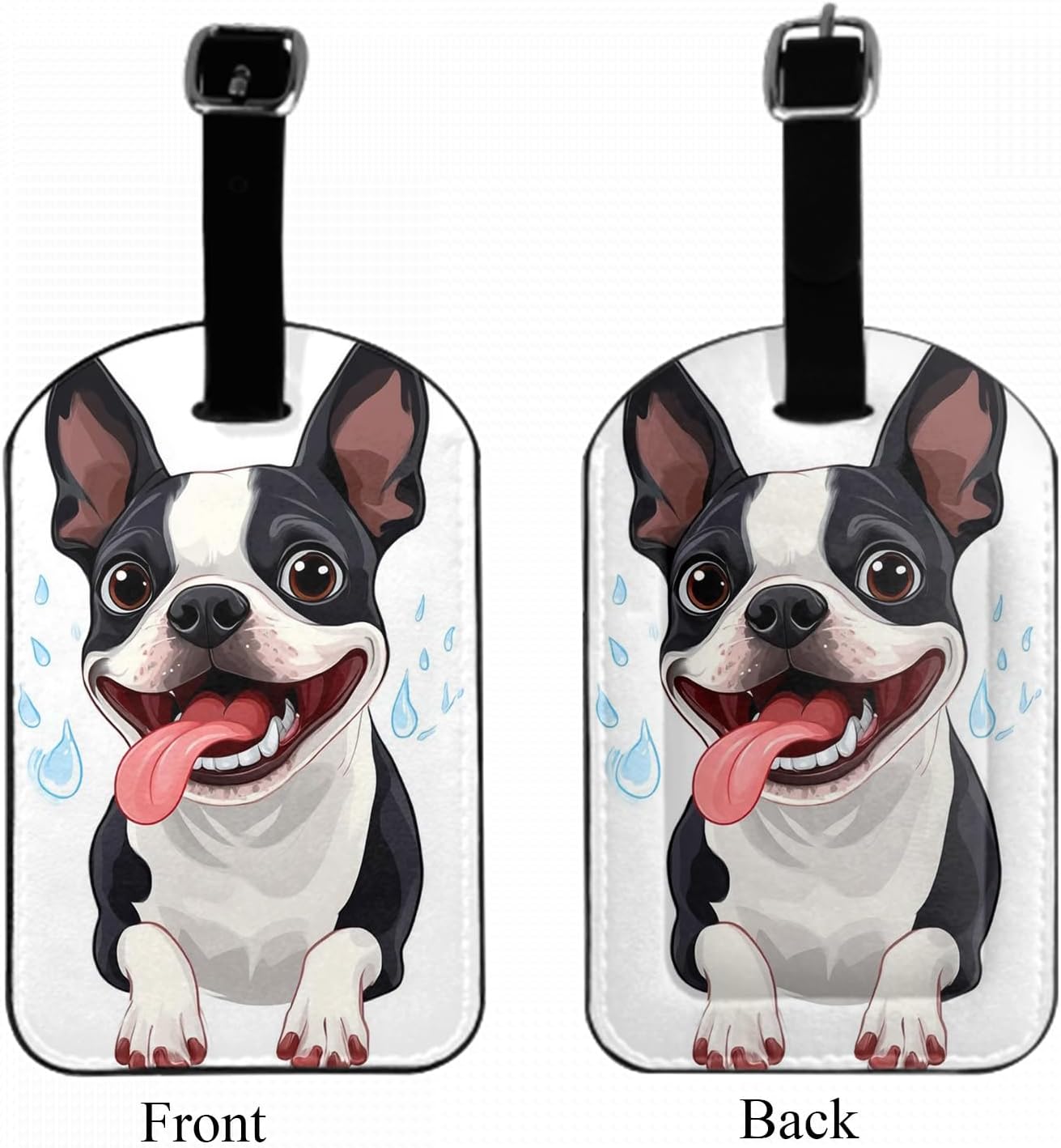 Happy Puppy Luggage Tag Cartoon Boston Animal Cute Pet Suitcase Tag with Strap for Handbag School Bag Label ID, 1 Pack