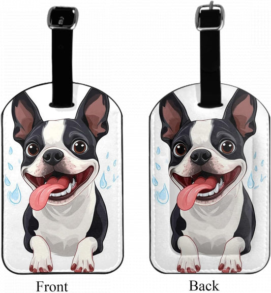Happy Puppy Luggage Tag Cartoon Boston Animal Cute Pet Suitcase Tag with Strap for Handbag School Bag Label ID, 1 Pack