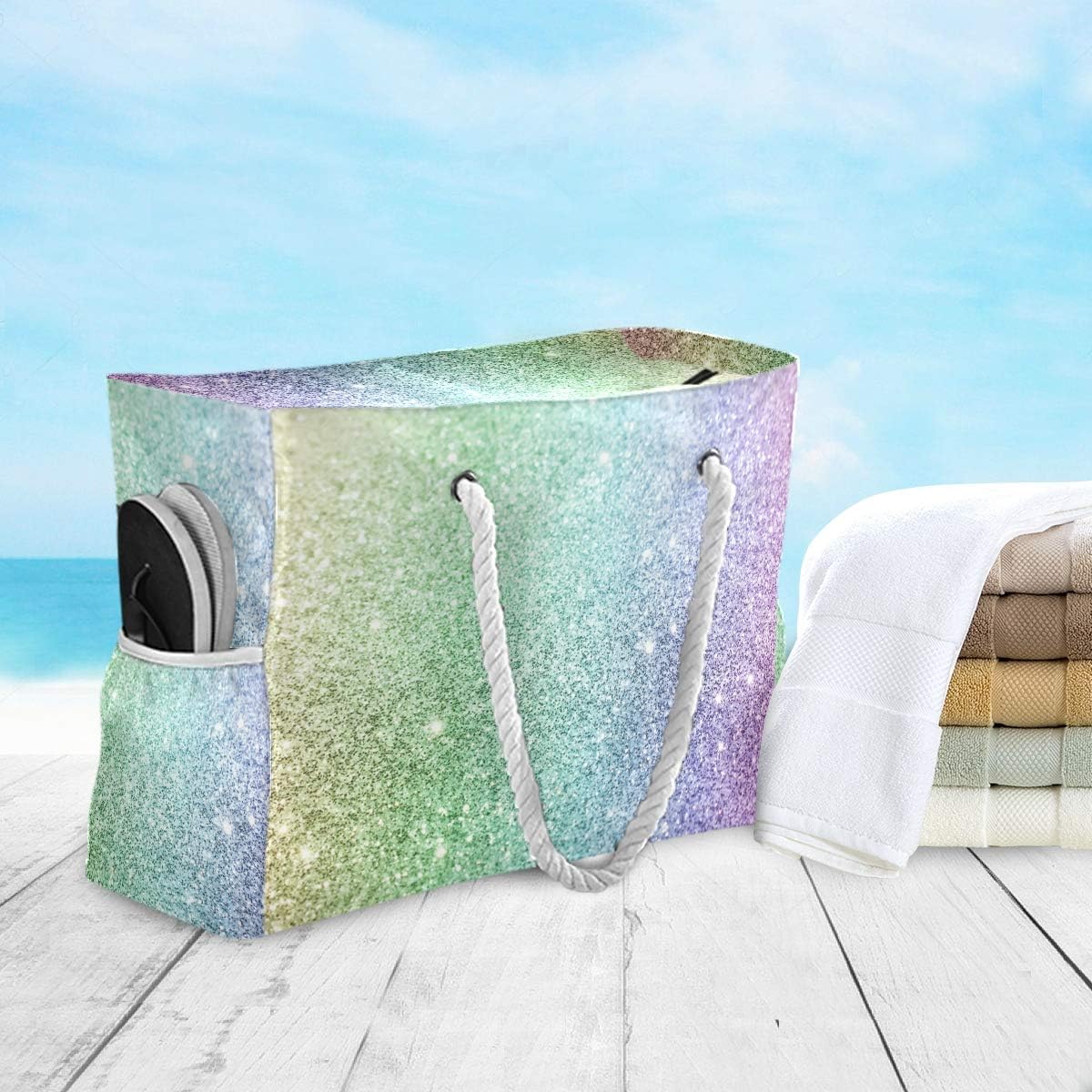 ALAZA Beach Bag, Rainbow Glitter Travel Tote Bags for Camping, Exercise