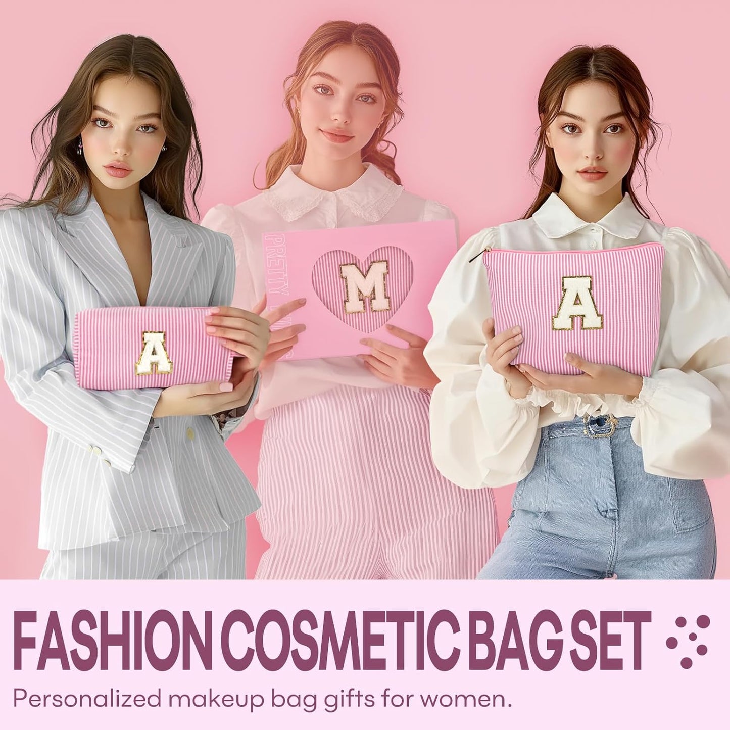 2 PCS Initial Makeup Bags for Women: Cosmetic Bag for Travel Toiletry - Birthday Gifts for 11 12 13