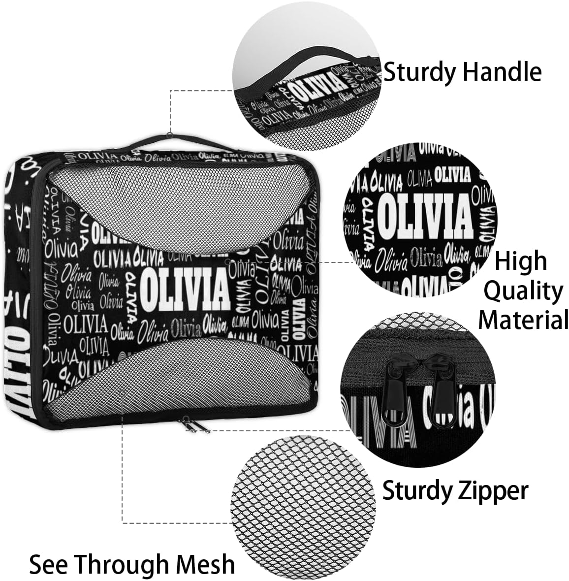 Custom Name Compression Packing Cubes Luggage Organizer Bags for Travel, Black Double Zipper Packing Cubes for Suitcases for Men Women Boys Girls