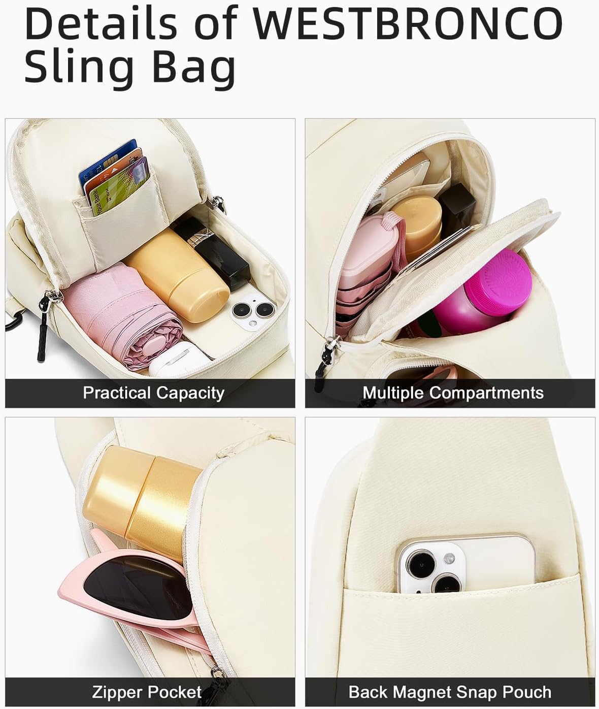 WESTBRONCO Small Sling Bag for Women Nylon Crossbody Sling Backpck Lightweight for Travel Casual Daily