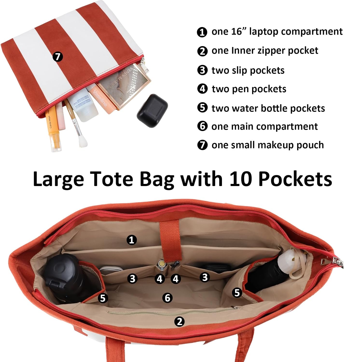 UERRUAM Corduroy Tote Bag for Women with Laptop Compartment,Cup Holder Inside,Makeup Pouch-for Work,Travel,College,Gym,Nurse
