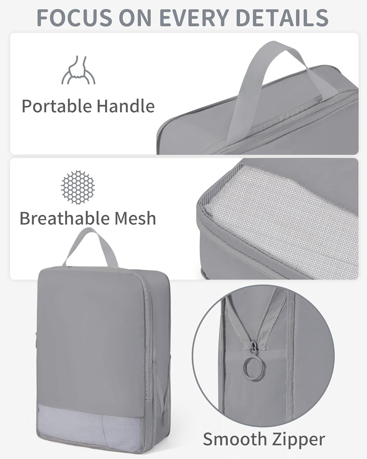 Compression Packing Cubes 11 Set, Expandable Suitcase Organizers, Gray Luggage Bags