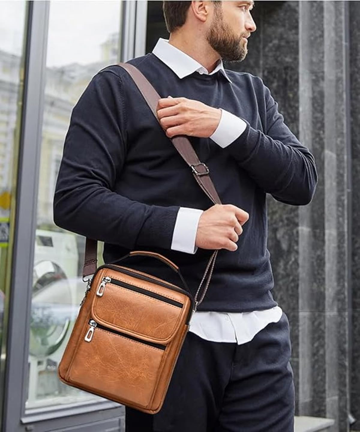 Zipper Buckle Leather Messenger Bag Vintage Handle Shoulder Crossbody Purse Genuine Leather for Daily Office Use