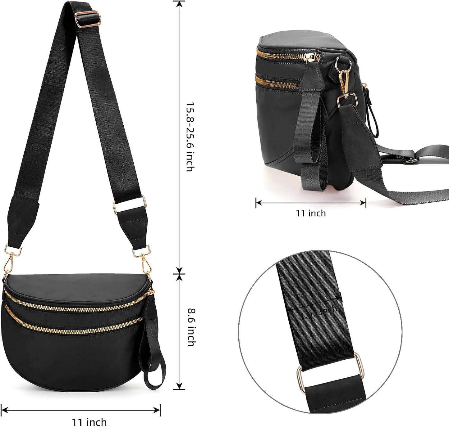 Black Fanny Packs for Women Cross Body Belt Bag, Nylon Crossbody Bag Unisex Fashion Waist Pack with Adjustable Strap