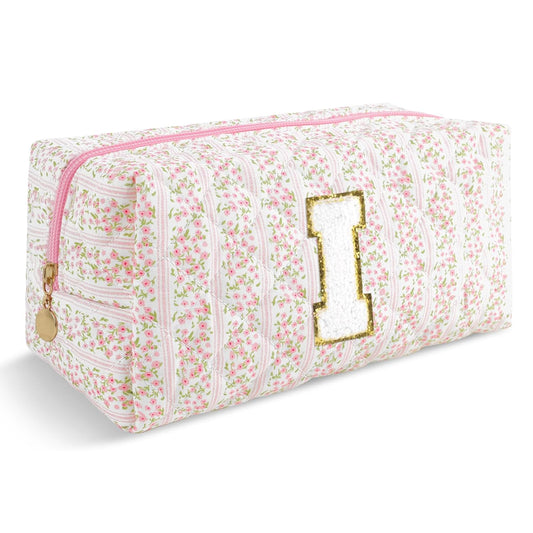 Personalized Quilted Cosmetic Bag, Puffy Monogrammed Christmas Birthday Gifts for Women & Girls, Cute initial Floral Makeup Bag Puffer Coquette Bag, Aesthetic Travel Toiletry Zipper Pouch(Pink,I)